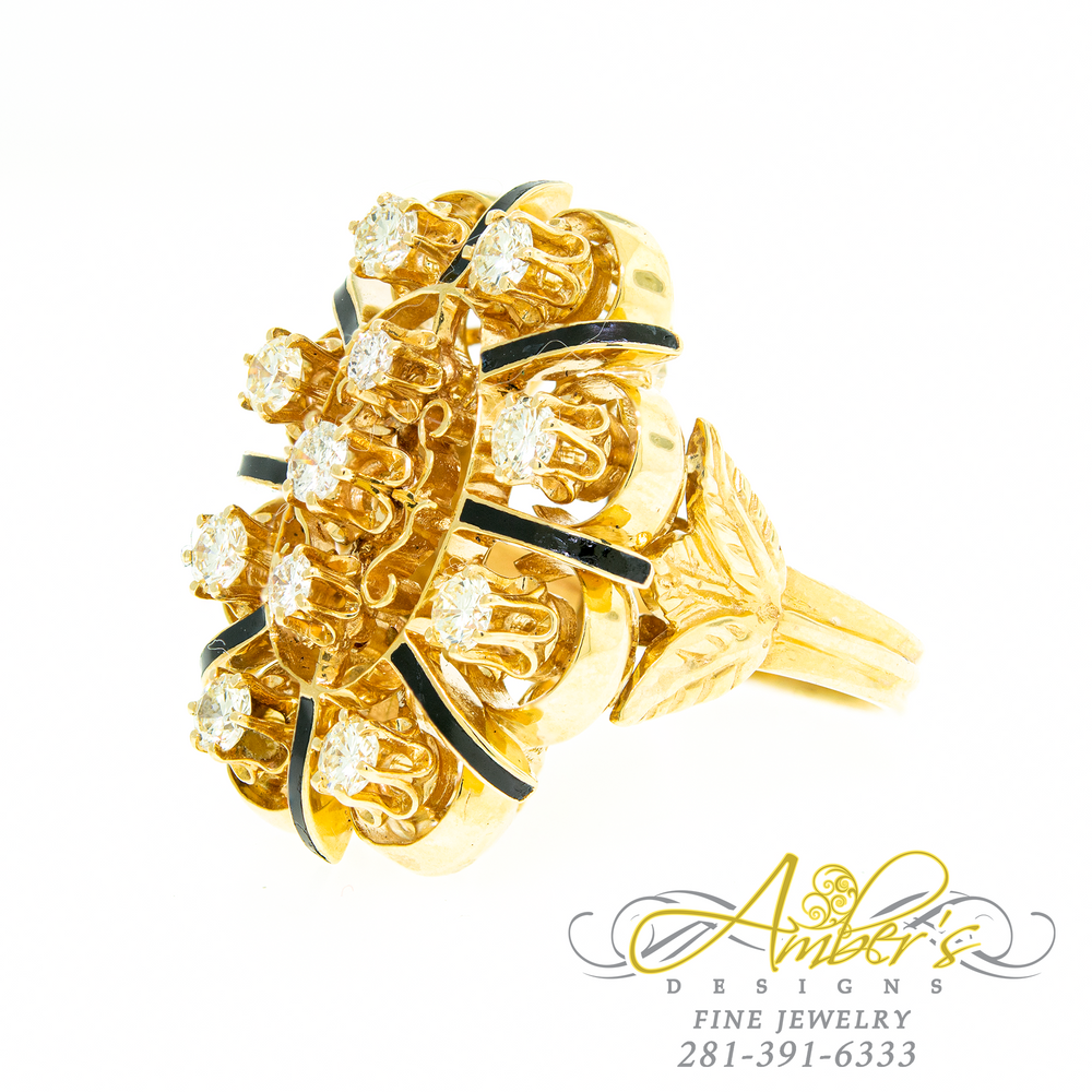 Antique Victorian Revival Diamond Ring in 14K Yellow Gold and Black Enamel
