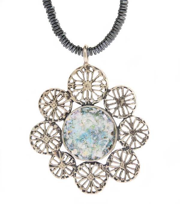 Roman Glass Flower Design with Black Stone Necklace