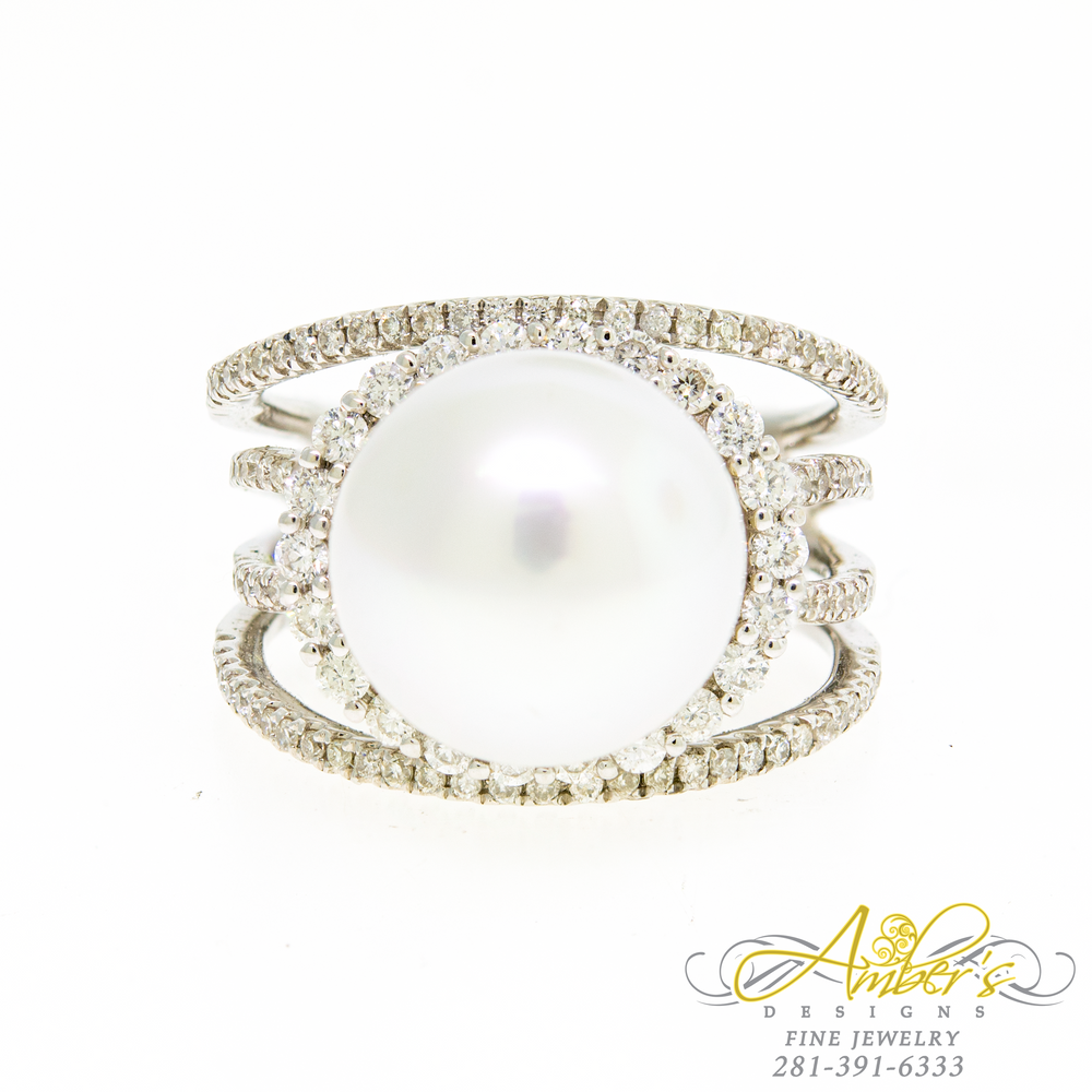 12 mm Tahitian Pearl Ring with Diamond Halo and Accents in 18K White Gold