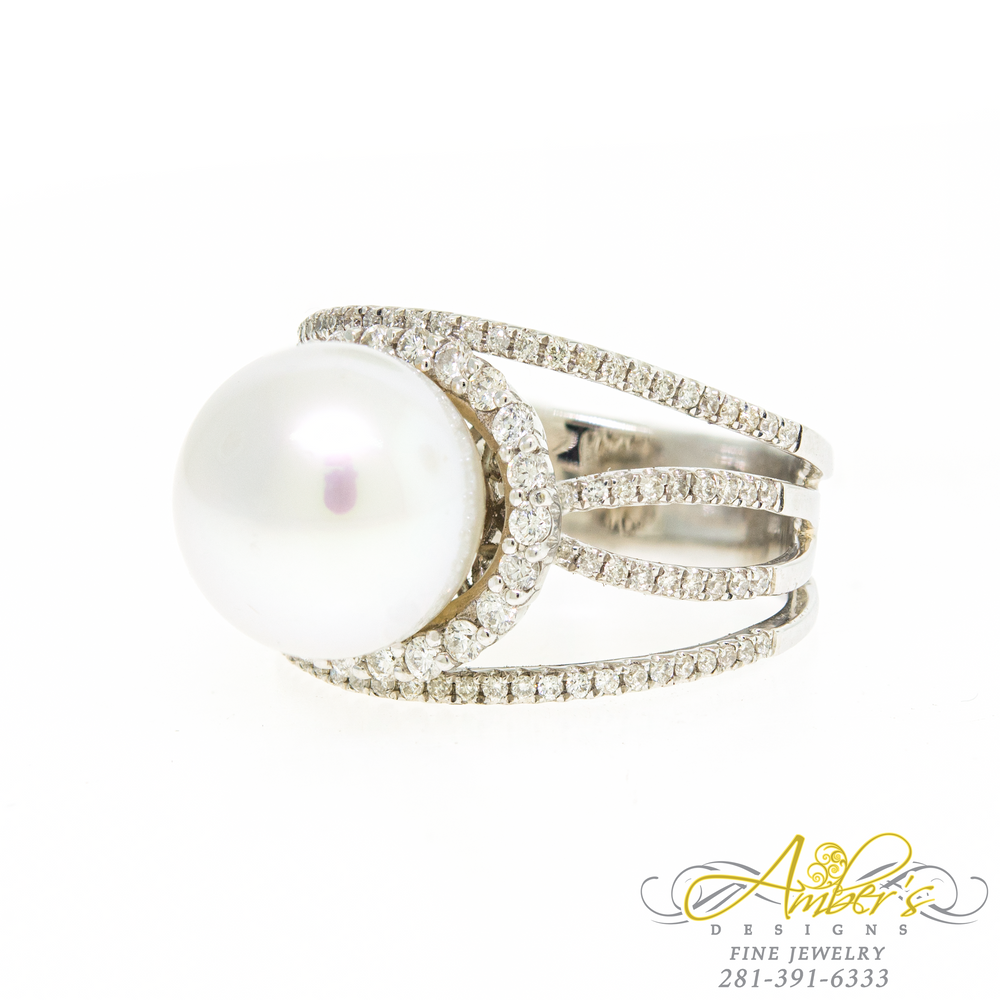 12 mm Tahitian Pearl Ring with Diamond Halo and Accents in 18K White Gold