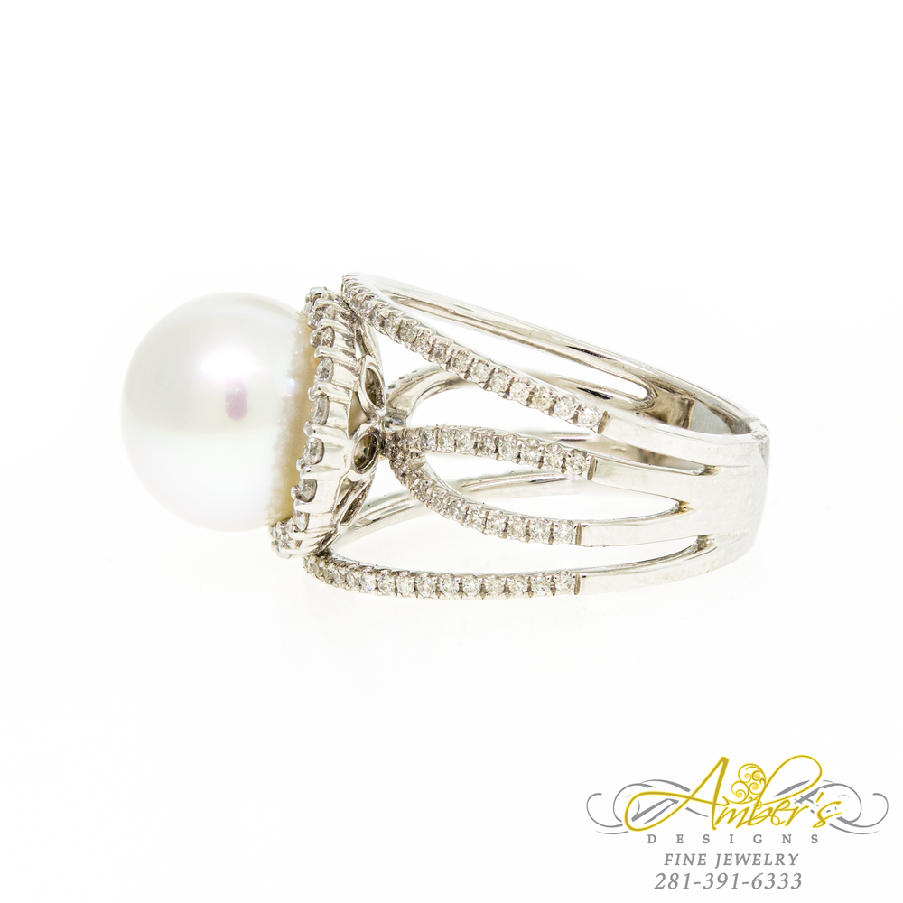 12 mm Tahitian Pearl Ring with Diamond Halo and Accents in 18K White Gold
