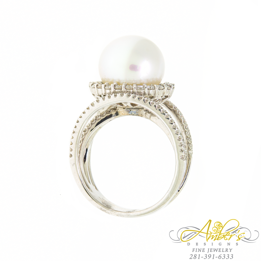 12 mm Tahitian Pearl Ring with Diamond Halo and Accents in 18K White Gold