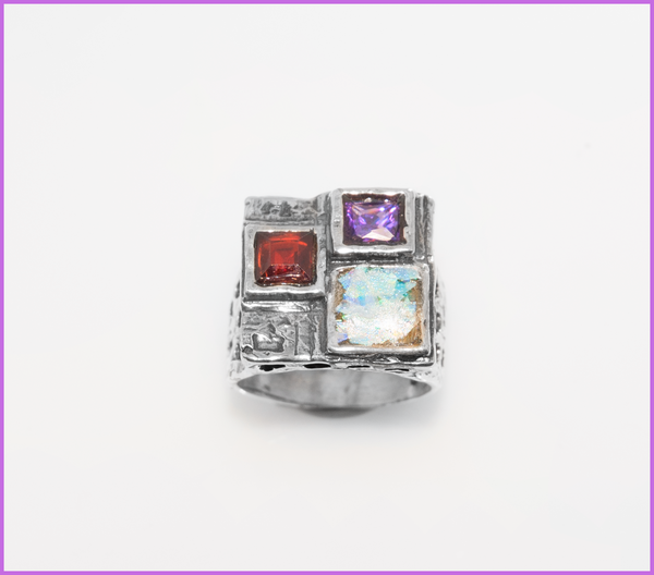 Roman Glass Ring with Amethyst and Garnet - Stack A Bangles - Bangles Cuff Bracelet - Deals In Jewelry