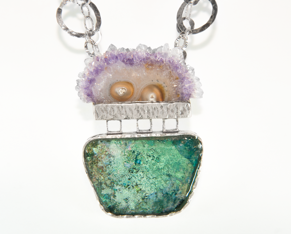 Blue and Green Roman Glass Necklace with Raw Druzy Amethyst - Stack A Bangles - Bangles Cuff Bracelet - Deals In Jewelry