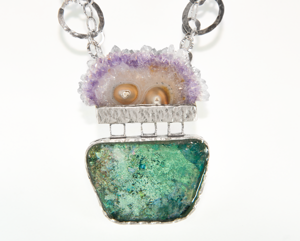 Blue and Green Roman Glass Necklace with Raw Druzy Amethyst - Stack A Bangles - Bangles Cuff Bracelet - Deals In Jewelry